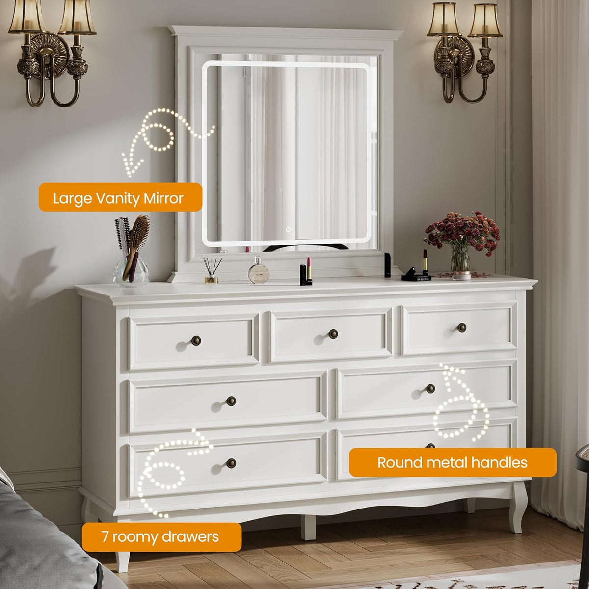 RoyalCraft White 7 Drawer Dresser with Mirror, Large Chest of Drawers for Bedroom, Modern Wood Dresser with LED Mirror for Bedroom, Living Room, White