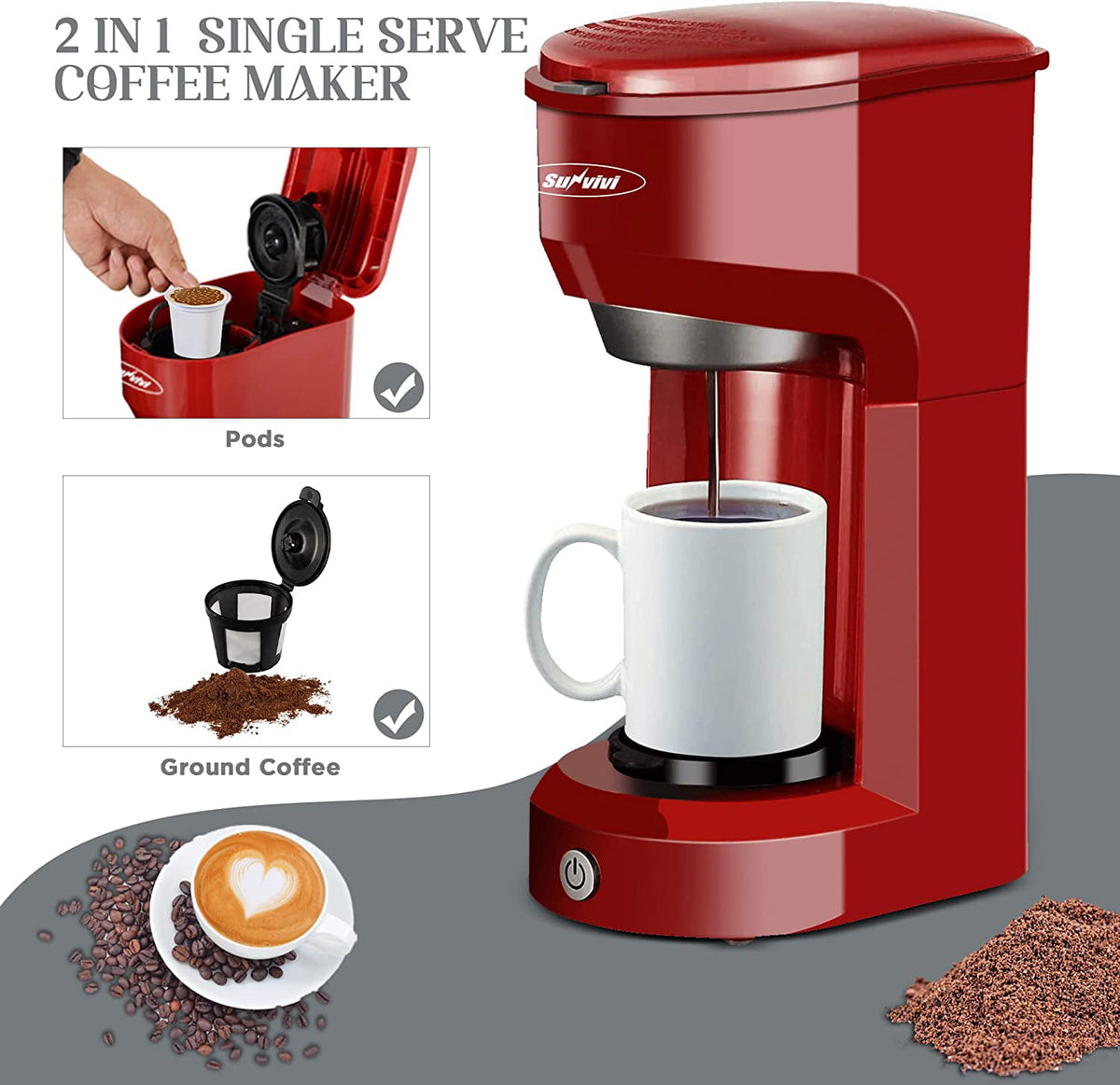 Single Serve Coffee Maker Coffee Brewer 6 to 14 oz With Permanent Filter, Compatible with Single Cup Pod & Ground Coffee, Red
