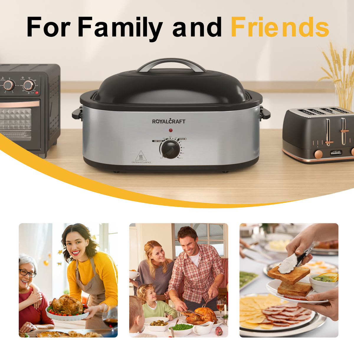 RoyalCraft 18 Quart Turkey Electric Roaster Oven with Self-Basting Lid, Stainless Steel, Silver