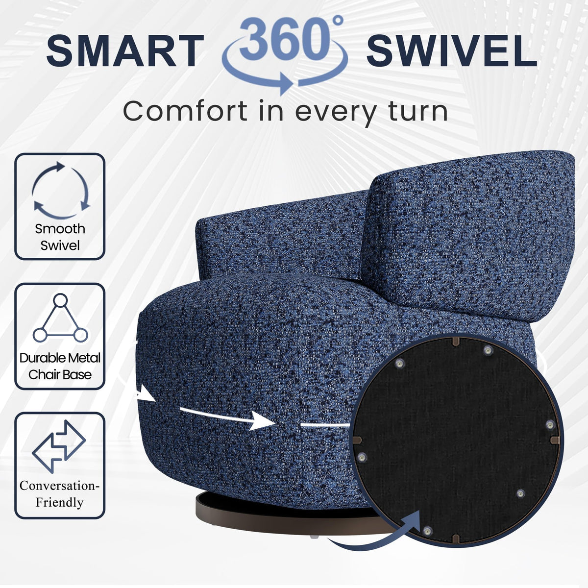 Superjoe Swivel Accent Chair, Fully Assembled Round Barrel Chairs, Oversized Upholstered Armchair with 360-Degree Base, Modern Club Chair for Living Room, Bedroom, Office, Blue