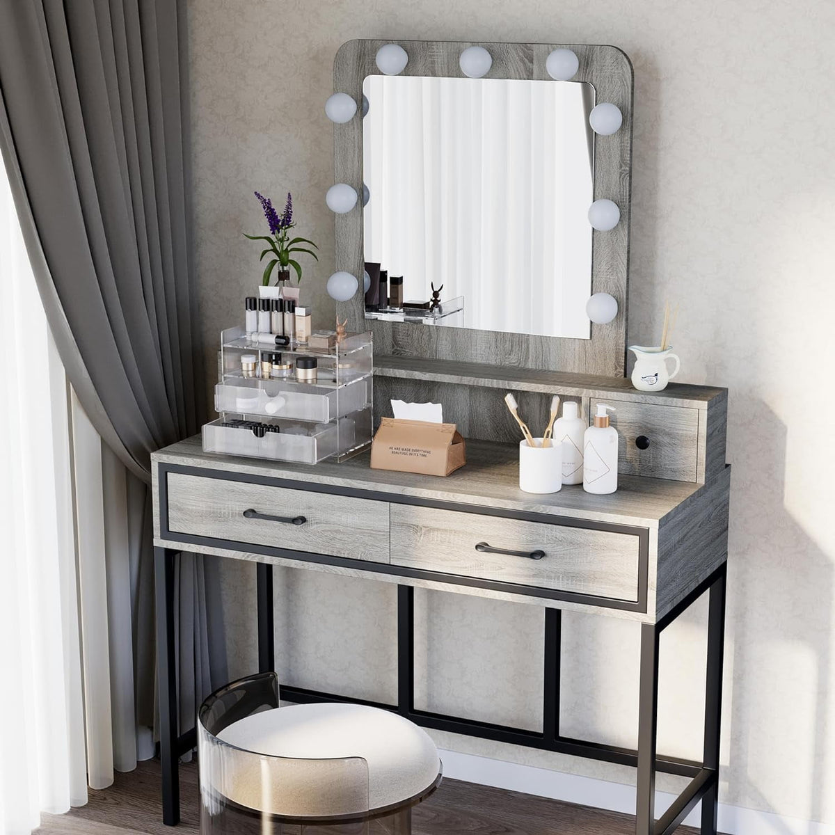 RoyalCraf Vanity Desk with Big Mirror and 3 Color Lights for Makeup, Grey Vanity Table with Hollywood Mirror, 9 LED Lights ＆ 4 Drawers, P2 Certified Wood ＆ Upgrade Thicker Base Plate, 40''W