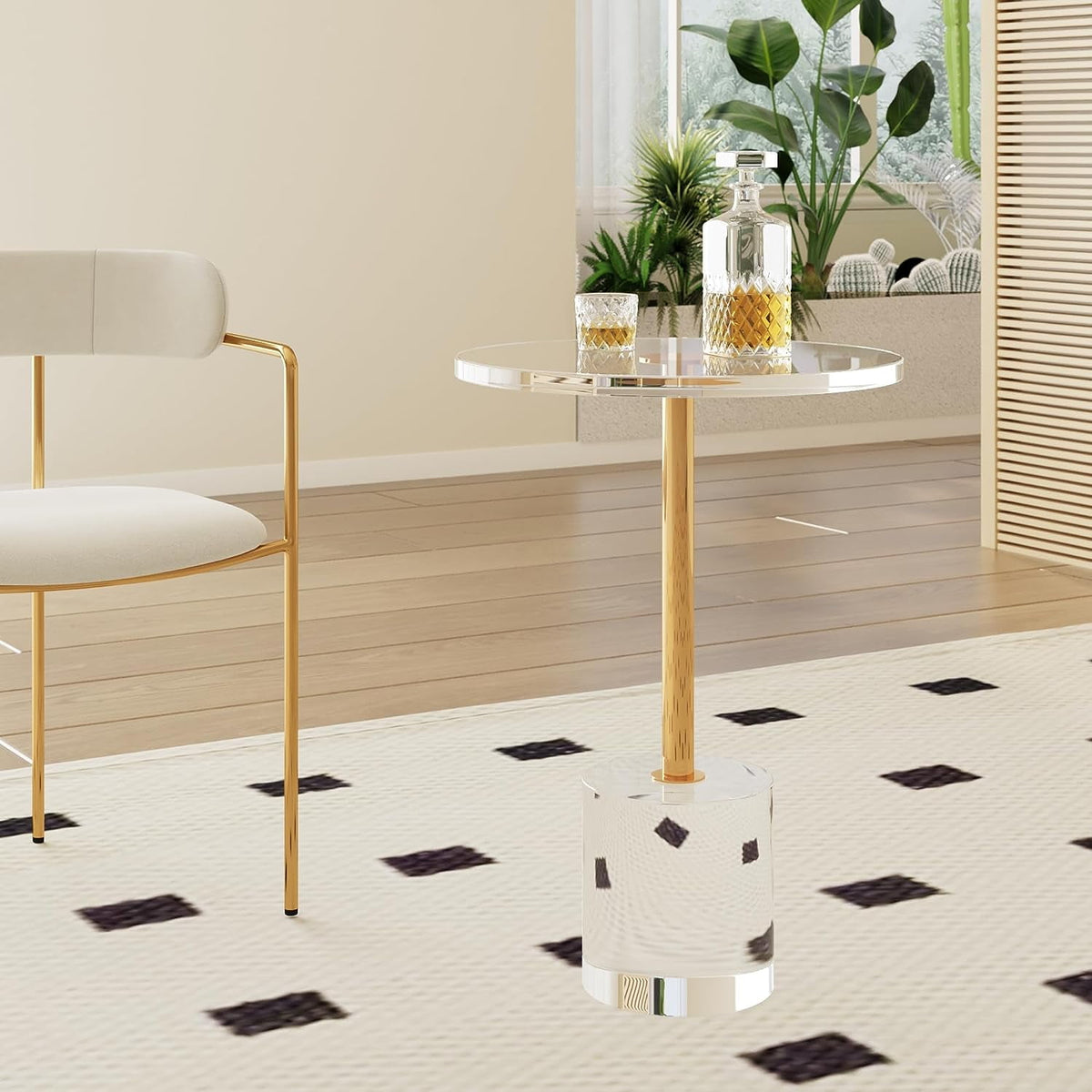Royalcraft Acrylic Side Table, Small Gold Coffee Table with Brushed Brass Metal, Round Acrylic End Table  for Living Room Office