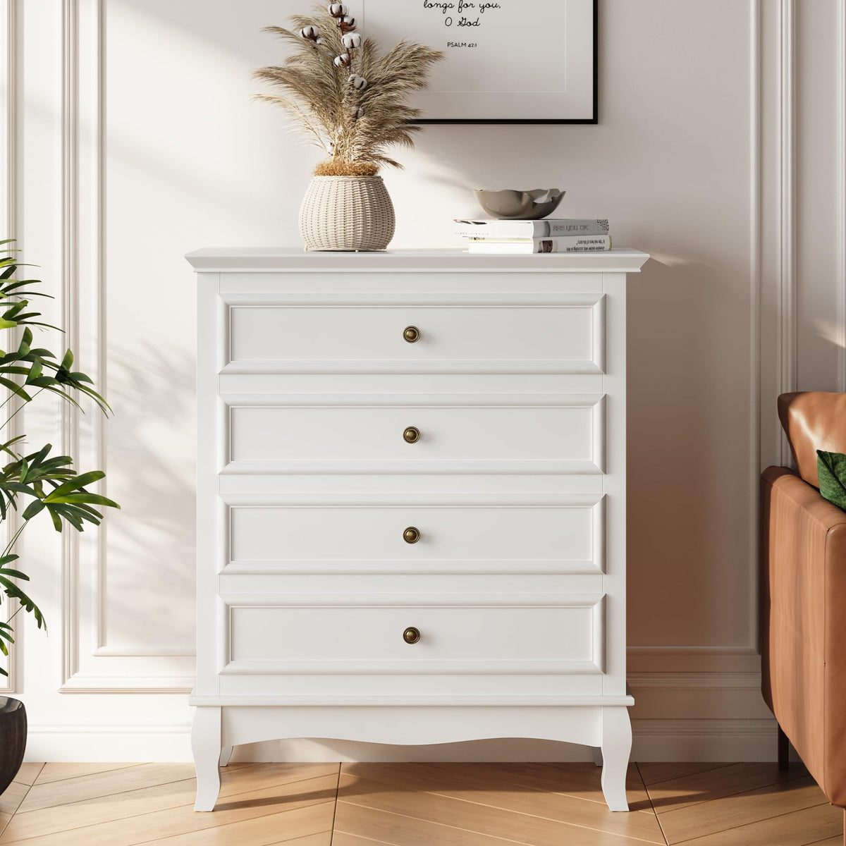 Superjoe White 4 Drawer Dresser, Large Storage Chest with Ball Bearing Slide, Wide Chest of Drawers, Modern Wood Dresser for Bedroom, Living Room, Hallway, Entryway, White