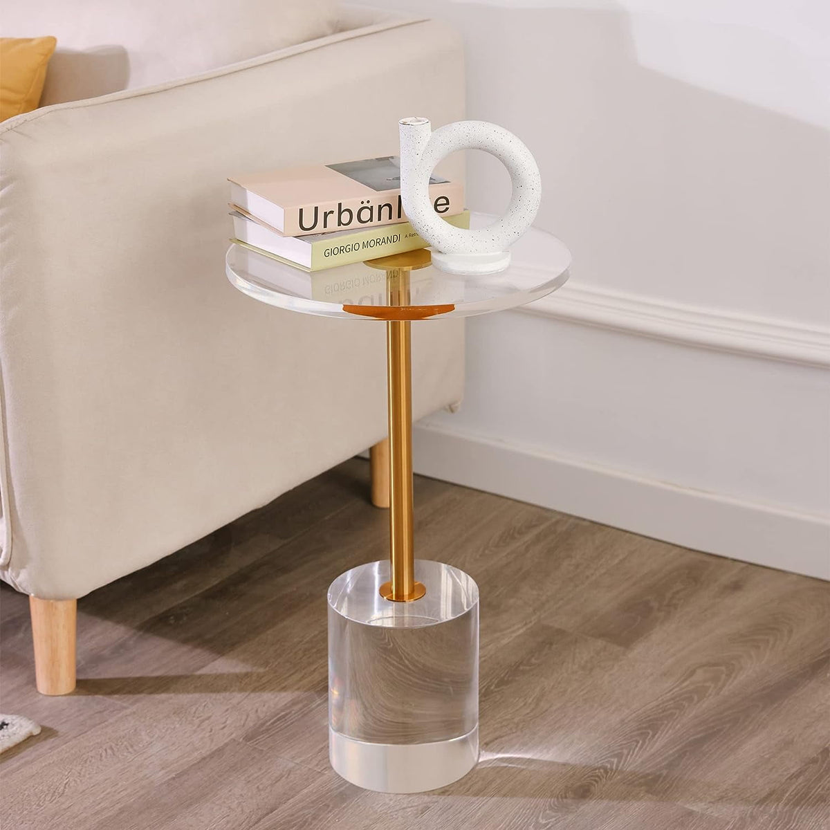 Royalcraft Acrylic Side Table, Small Gold Coffee Table with Brushed Brass Metal, Round Acrylic End Table  for Living Room Office