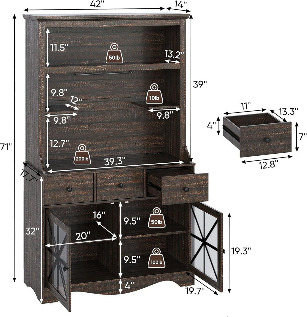 CozyHome 71'' Tall Farmhouse Bar Cabinet, Retro Buffet Cabinet with Charge Station & LED Lights, Liquor Cabinet Bar with Wine Bottle Rack for Kitchen, Living Room, Brown