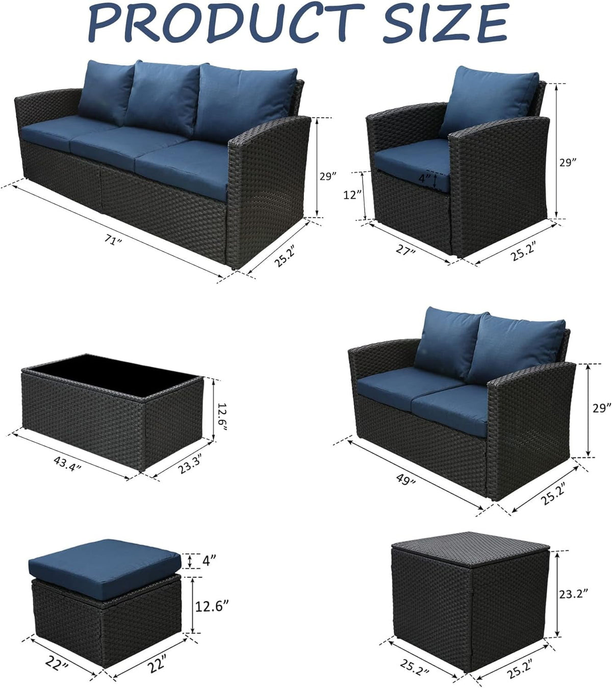 Royalcraft 9 Pieces Patio Furniture Set, All Weather PE Wicker Rattan Outdoor Sectional Sofa with Coffee Table and Navy Blue Cushion, Outdoor Furniture for Lawn Backyard Poolside Porch