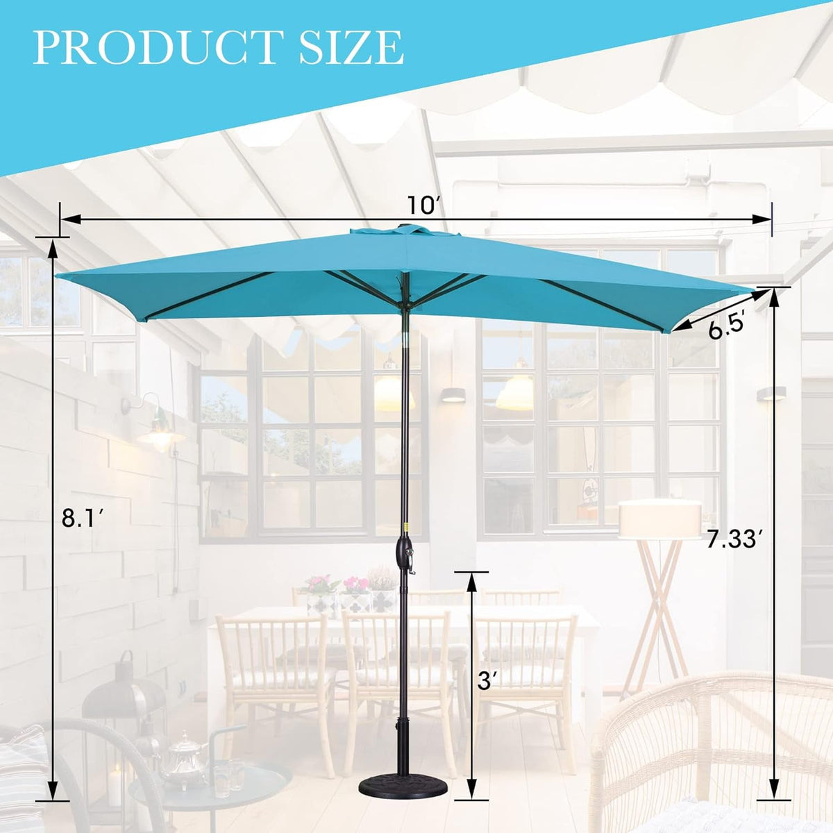 RoyalCraft 6.5 x 10 Ft Rectangular Patio Umbrella Aluminum Pole, Outdoor Table Market Umbrella with Crank, 6 Steel Ribs, Polyester Canopy, Light Blue