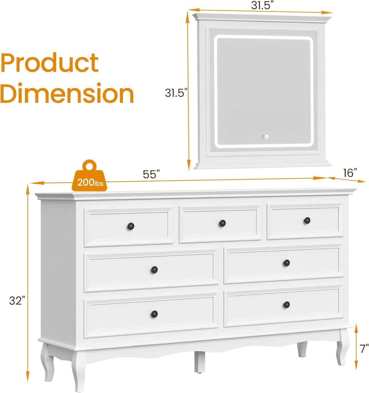 RoyalCraft White 7 Drawer Dresser with Mirror, Large Chest of Drawers for Bedroom, Modern Wood Dresser with LED Mirror for Bedroom, Living Room, White