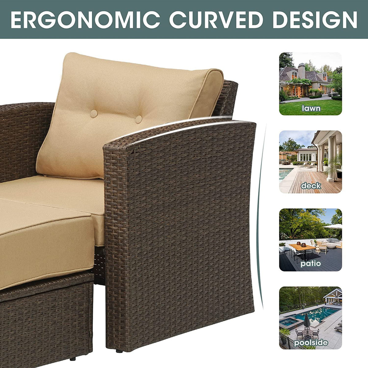 RoyalCraft Modular Collections Patio Sofa Chair with Ottoman, Outdoor Brown Rattan Lounger Sofa Chair Set with Seat and Back Cushions, Aluminum Frame