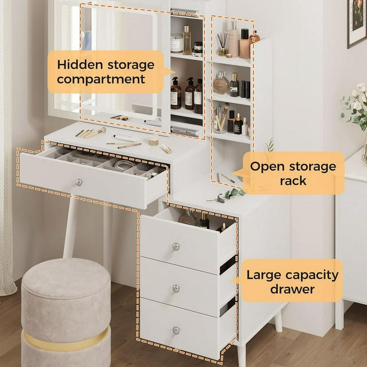 Superjoe Vanity with Mirror and Lights, Makeup Table with 3 Color Touch Light, Vanity Desk with Drawers & Hidden Shelves for Bedroom, White (Stool Not Included)