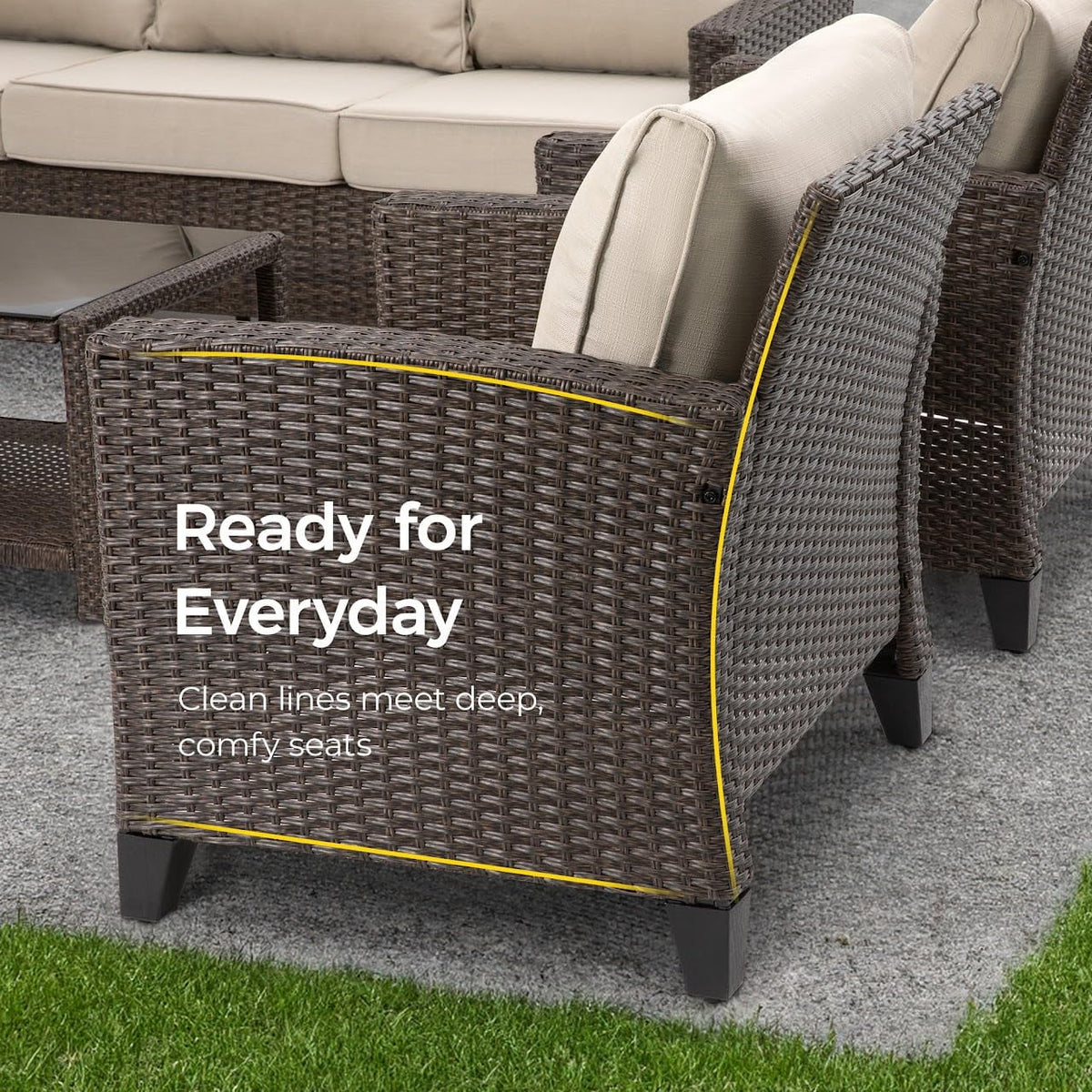 RoyalCraft Outdoor Patio Furniture Set, 4 Piece Outdoor Rattan Sofa Set, All Weather Wicker Conversation Set with Fire Pit Table for Porch Backyard Garden, Khaki