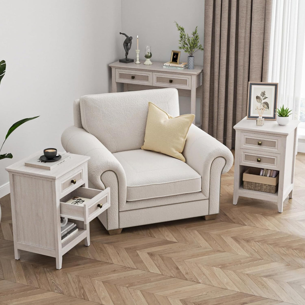 Superjoe 27" Rattan Nightstand w/2 Drawers Set of 2, Grayish White Wood Farmhouse Bedside Table, Boho Accent End Table Cabinet w/Open Storage Shelf