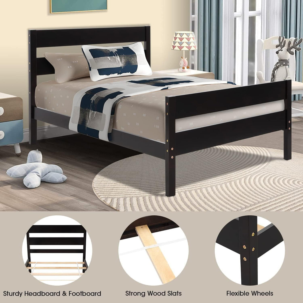 Royalcraft Twin Bed, Wood Frame with Headboard and Footboard for Children Teens Adults, Twin Platform Slat Support No Box Spring Needed, Espresso