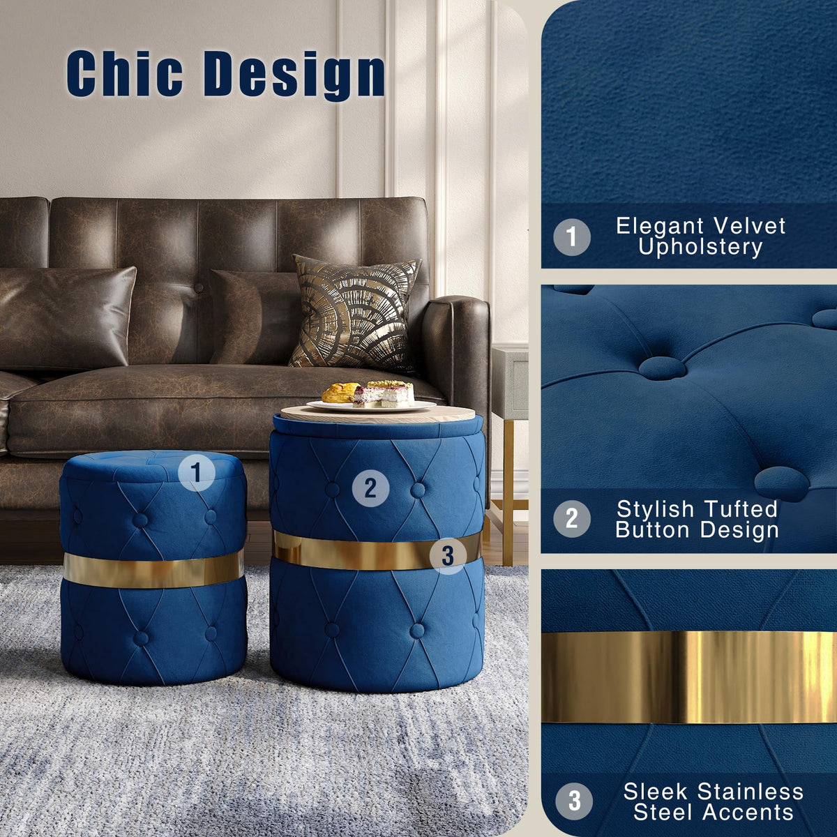 Superjoe Storage Ottoman Set of 2, Versatile Footrest Stool with Stainless Steel Base, Modern Round Vanity Stool Chair Foot Stools, Support 200lbs Padded Seat, for Living Room, Bedroom, Blue