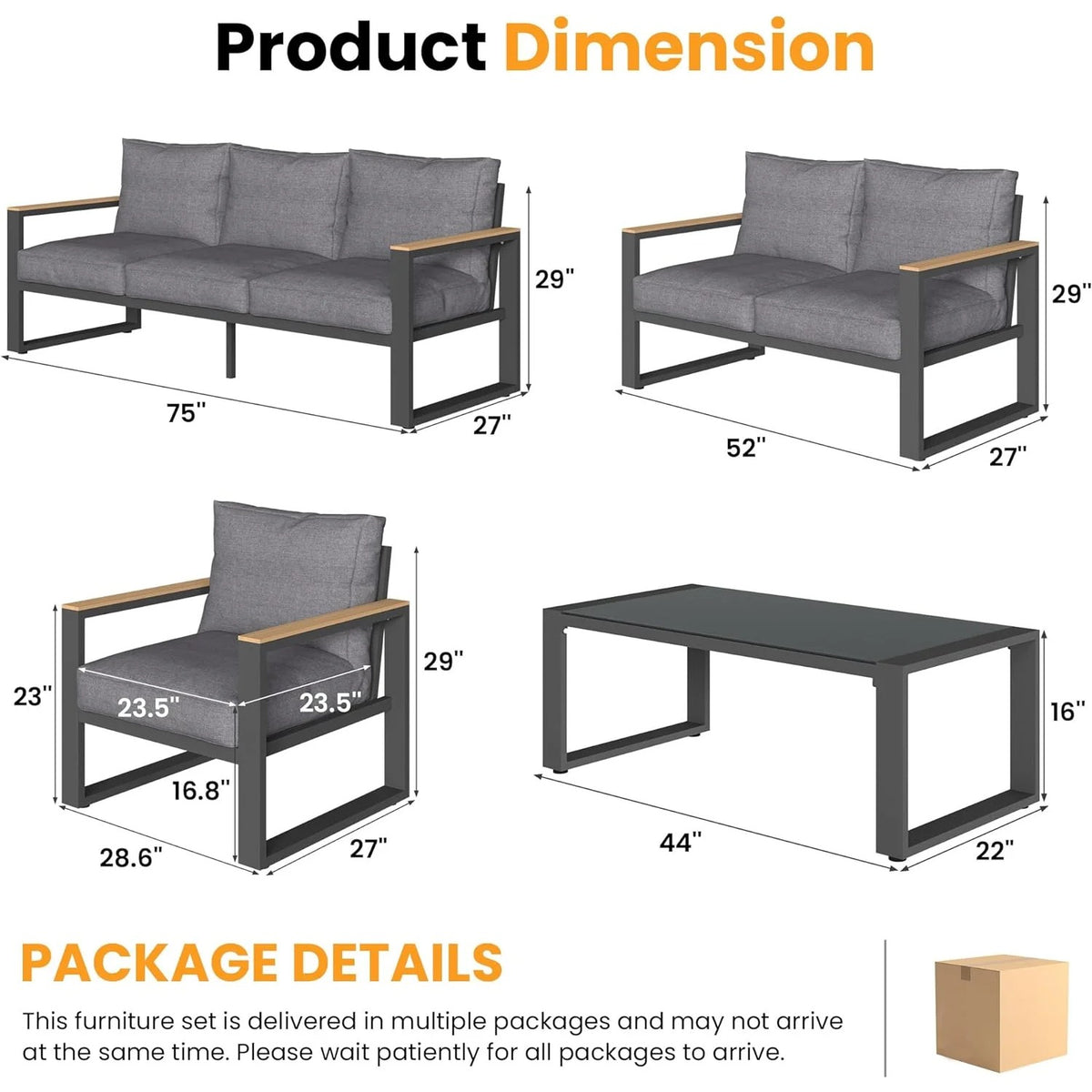 RoyalCraft Aluminum Patio Furniture Set, 8 Piece Outdoor Conversation Set with Coffee Table, Metal Outdoor Patio Furniture Set for Porch Backyard Garden, Grey