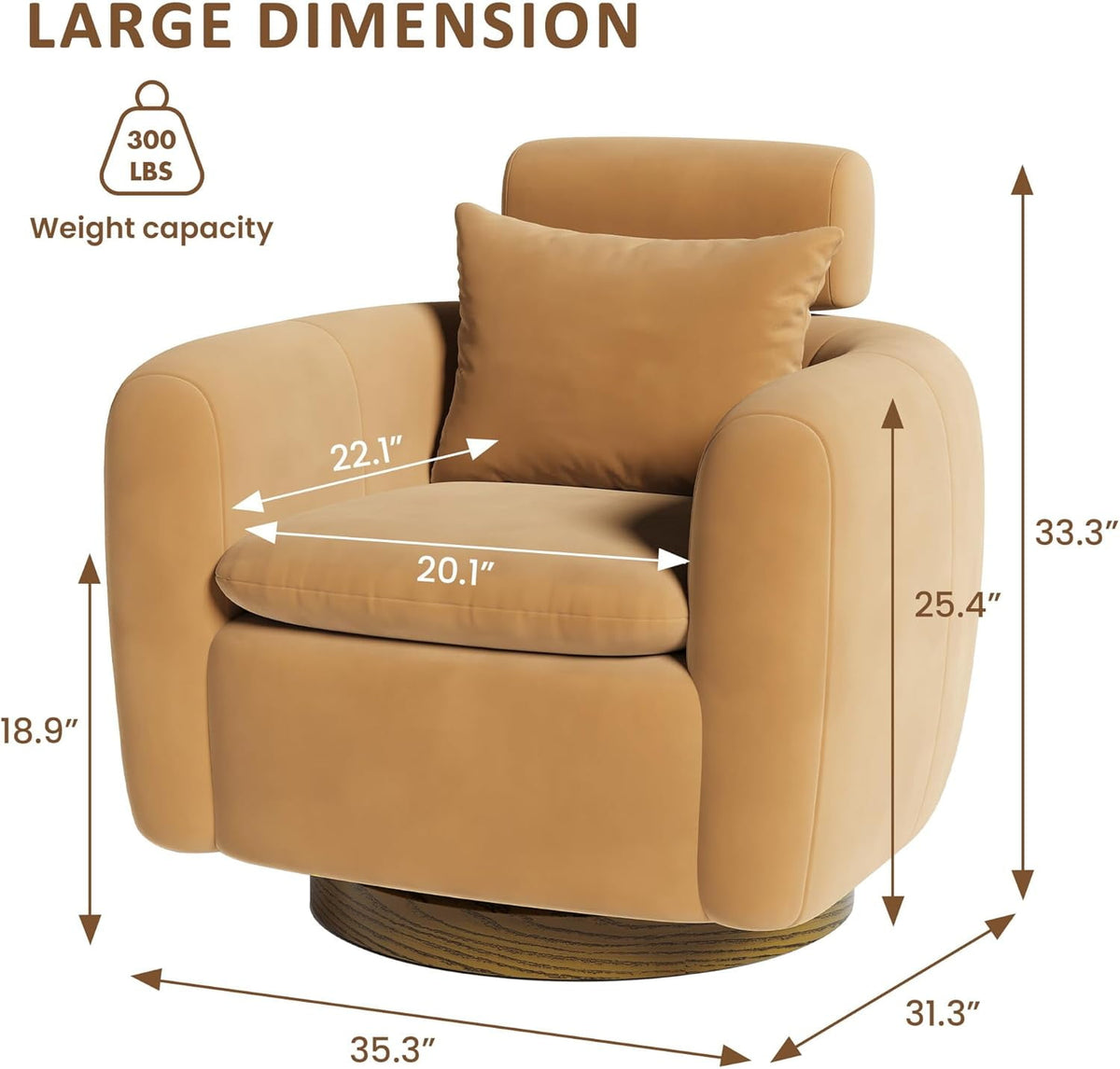 CozyHome Oversized Swivel Barrel Chair, 360° Accent Chair with Solid Wood Base, Comfy Upholstered Sofa Chair with Adjustable Headrest, Mid Century Modern Armchair for Living Room, Camel Brown