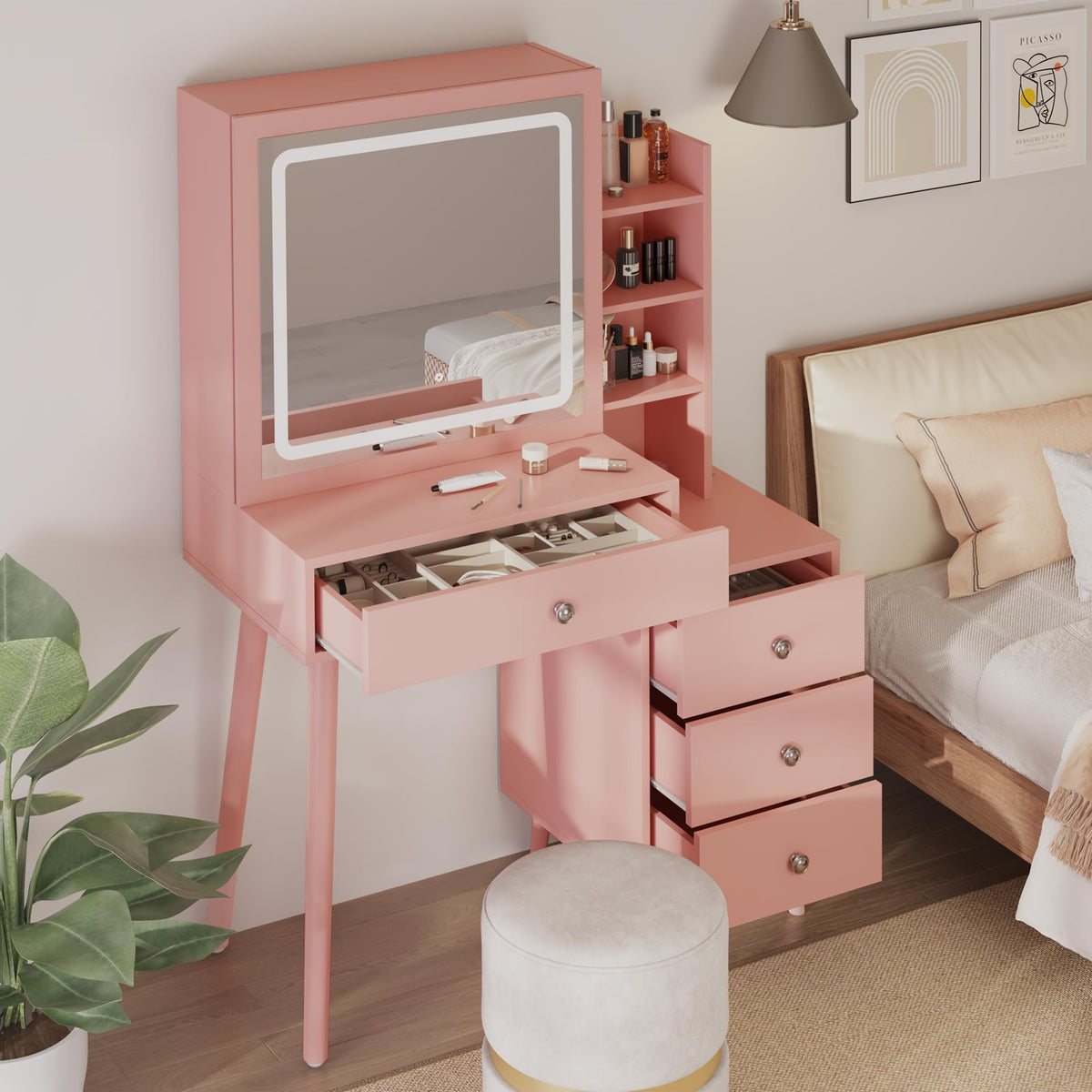 RoyalCraft Vanity Desk with Sliding Mirror and LED Lights, 2 in 1 Wooden Makeup Vanity Desk for Nightstand and Dressing Table, Compact Medium Makeup Table with Sliding Mirror for More Storage Space