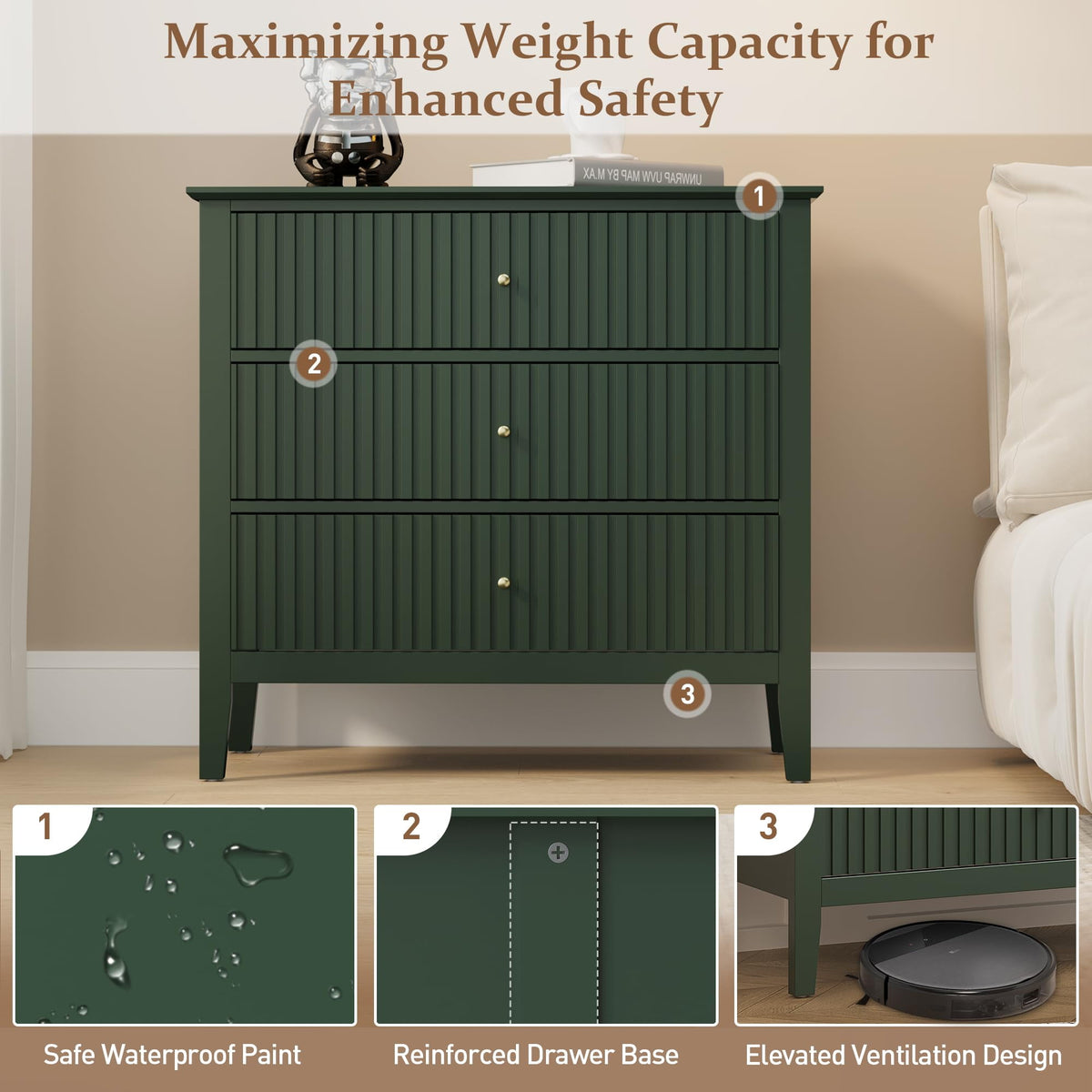 Mayincolor Large Fluted 3 Drawer Dresser, Wide Chest of Drawers with Modern Nightstand Cabinet Wood Dresser with Spacious Storage for Bedroom, Hallway, Living Room, Entryway, Green