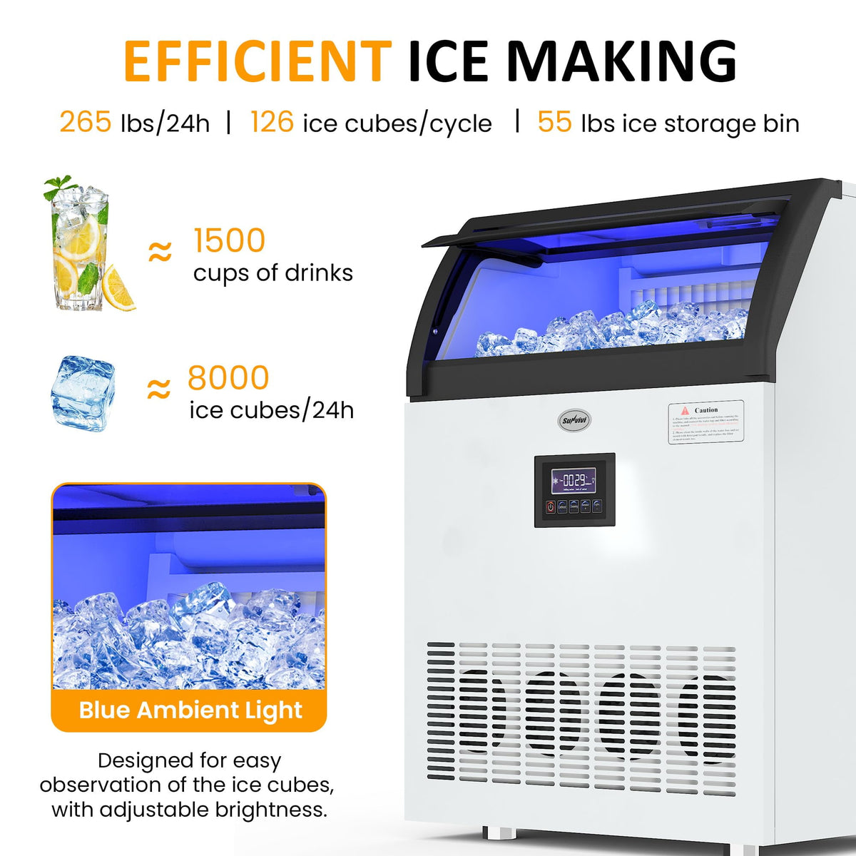 Royalcraft Commercial Ice Maker Machine, 265LBS/24H, 55LBS Storage Bin, Stainless Steel Under Counter Ice Machine for Restaurants, Bars, and Home Use, Includes Water Filter, Scoop, and Hose