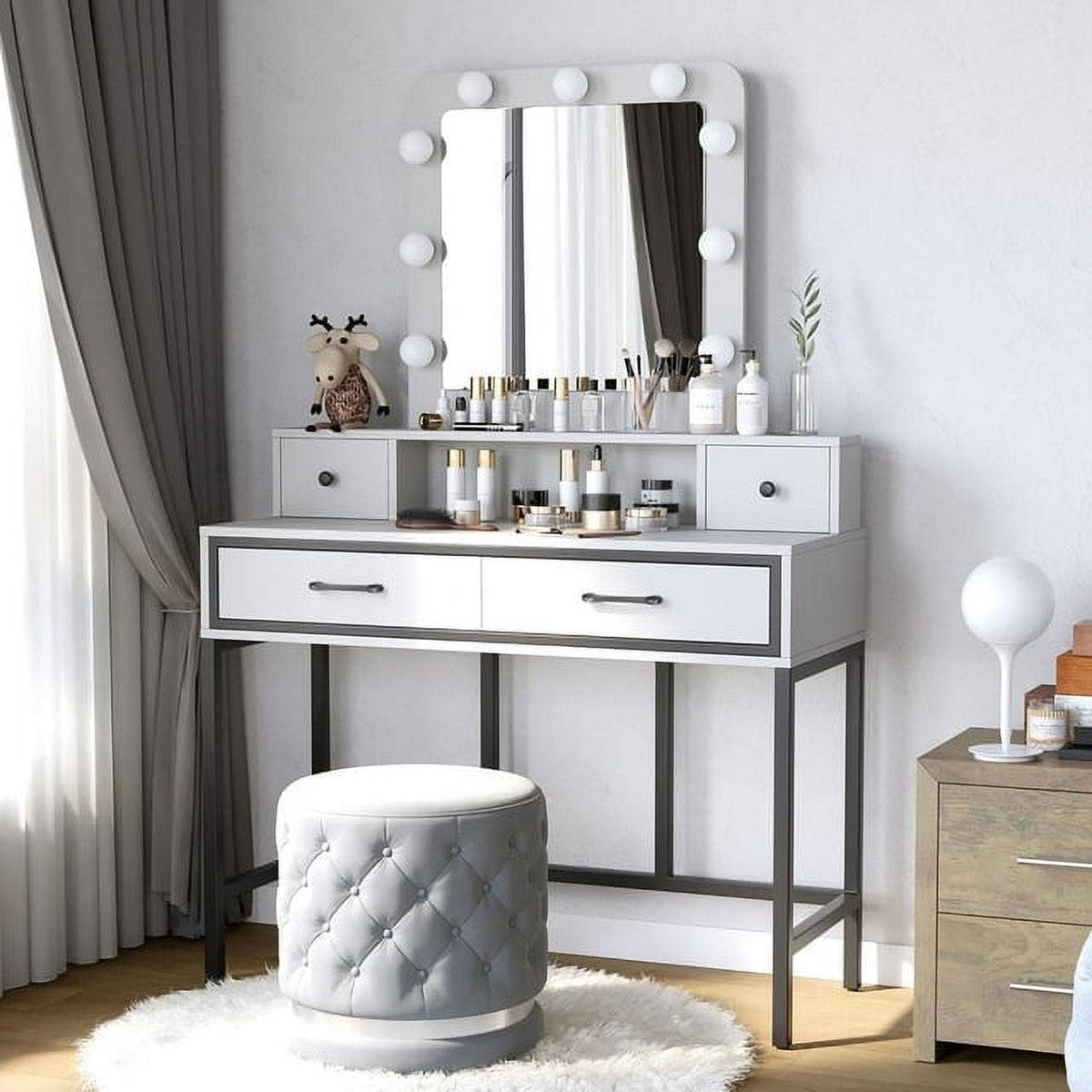 Superjoe Makeup Vanity 3 Color Hollywood Mirror with Dimmable Lighted, Vanity Table with 4 Drawers for Women Girls, Dressing Desk for Bedroom, Beauty Room, White