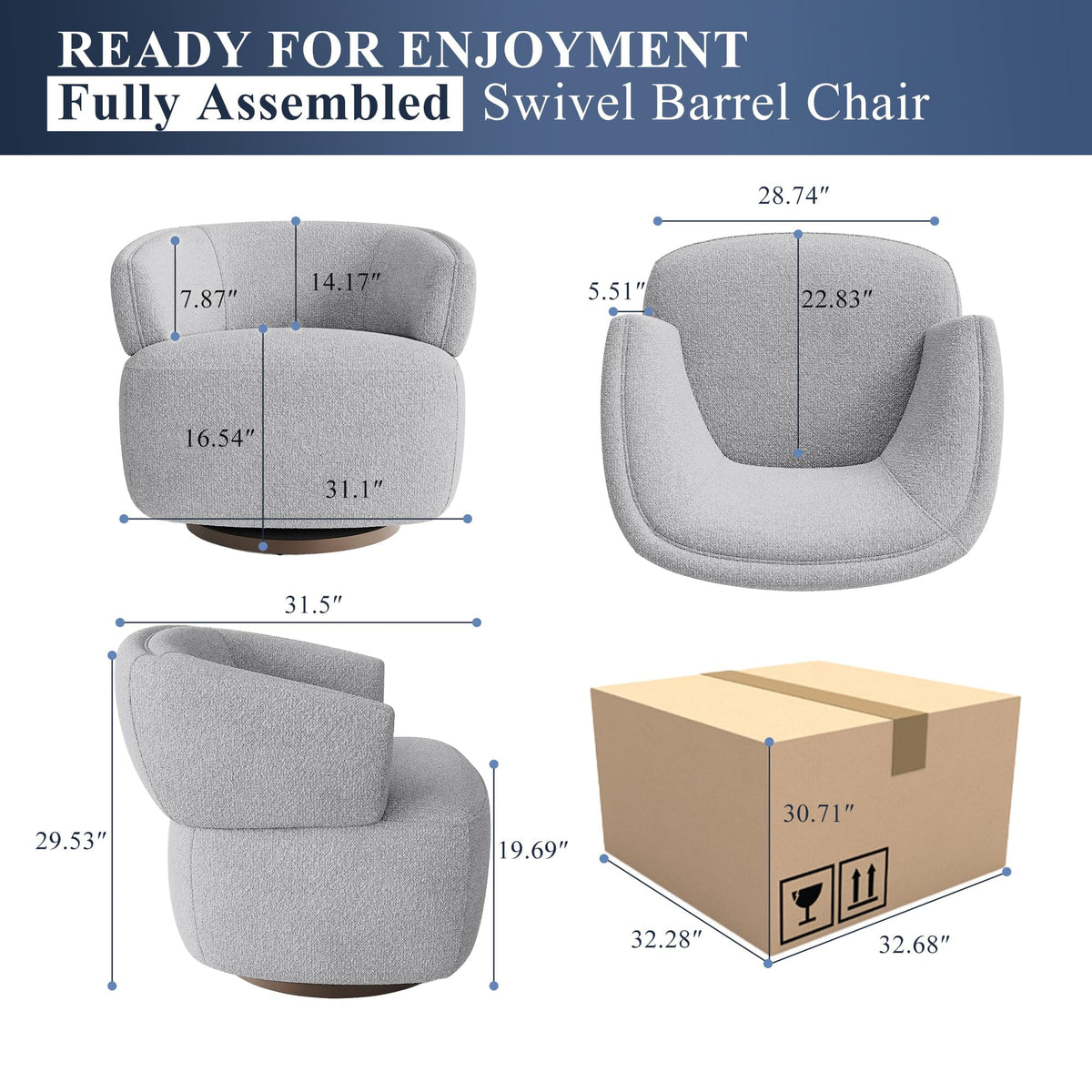 Superjoe Swivel Accent Chair, Fully Assembled Round Barrel Chairs, Oversized Upholstered Armchair with 360-Degree Base, Modern Club Chair for Living Room, Bedroom, Office, Grey