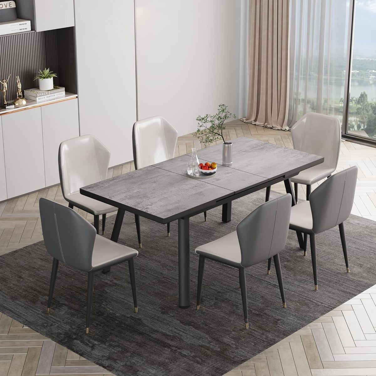 75” Dining Table for 4-8 People, Modern Extendable Dining Room Table, Rectangular Aluminum Table for Small Place, Kitchen, Living Room, Grey