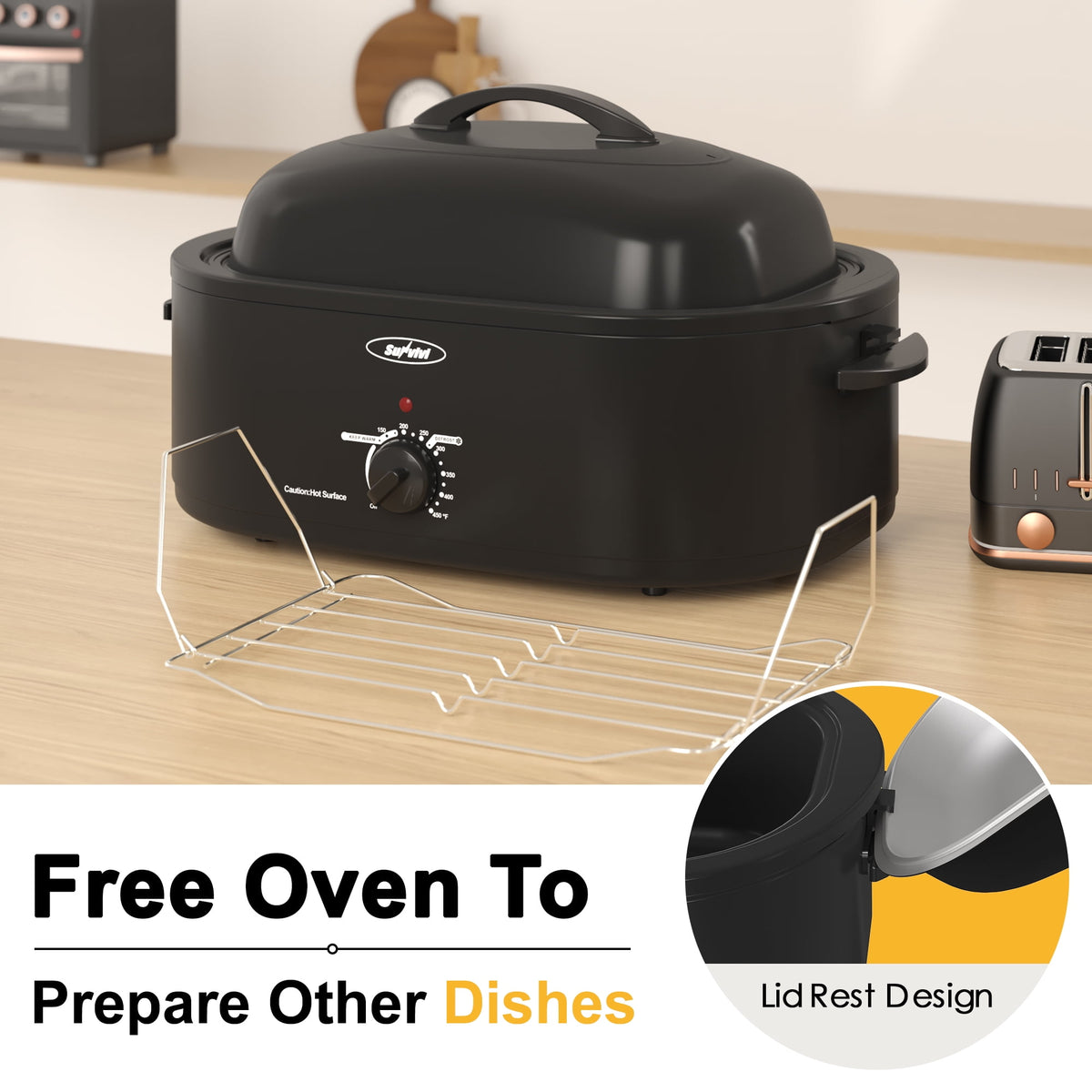 RoyalCraft 18 Quart Electric Turkey Roaster Oven with Visible Glass Lid, with Removable Pan & Rack, Stainless Steel,Black