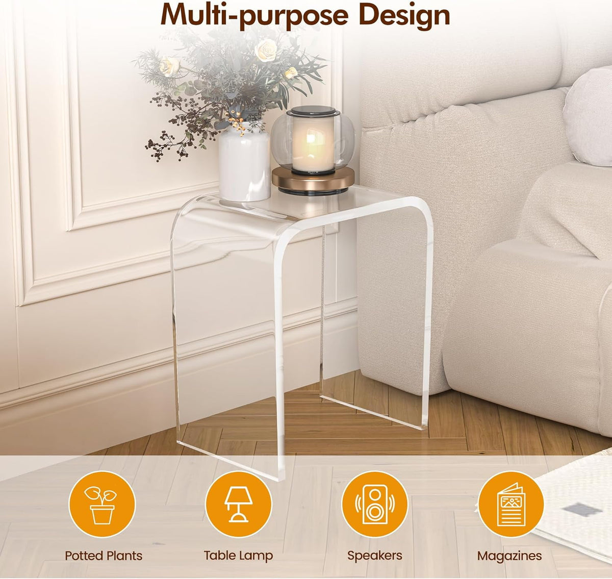 Superjoe Acrylic End Table Set of 2, Clear Lucite Coffee Table with Waterfall Edges, Contemporary Square Nightstand and Side Table for Small Living Room, Bathroom, Bedroom and Office