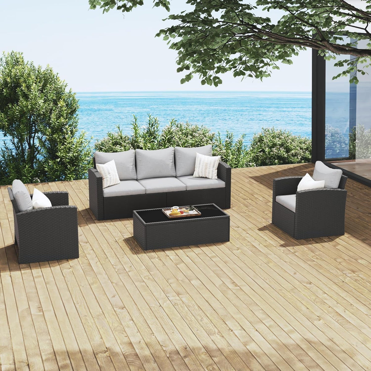Royalcaft 2 Piece Outdoor Patio Wicker Armchairs, All Weather Outside Rattan Chair Patio Furniture Set with Blue Cushions