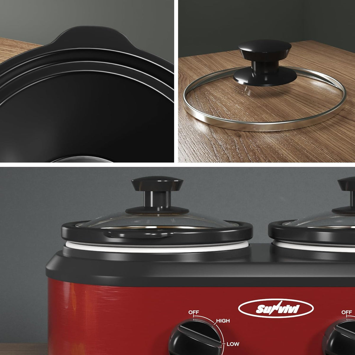 Royalcraft Double Slow Cooker,2 Pot Small Mini Crock Buffet Servers and Warmer,Dual Pot Oval Manual Slow Cooker with Adjustable Temp Removable Ceramic Pot,Stainless Steel, Total 2.5 Quarts Black