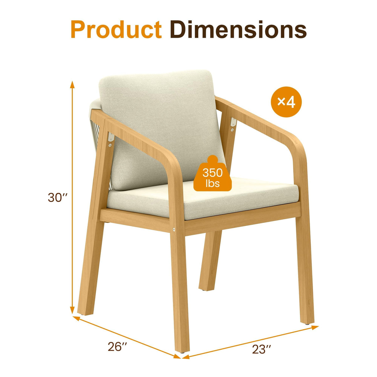 Heynemo Acacia Patio Dining Chairs Set of 4, Outdoor Wood Dining Chairs with Thick Cushions, Modern Patio Chairs with Woven Rope Backrest for Porch, Backyard, Garden, Indoor, Beige