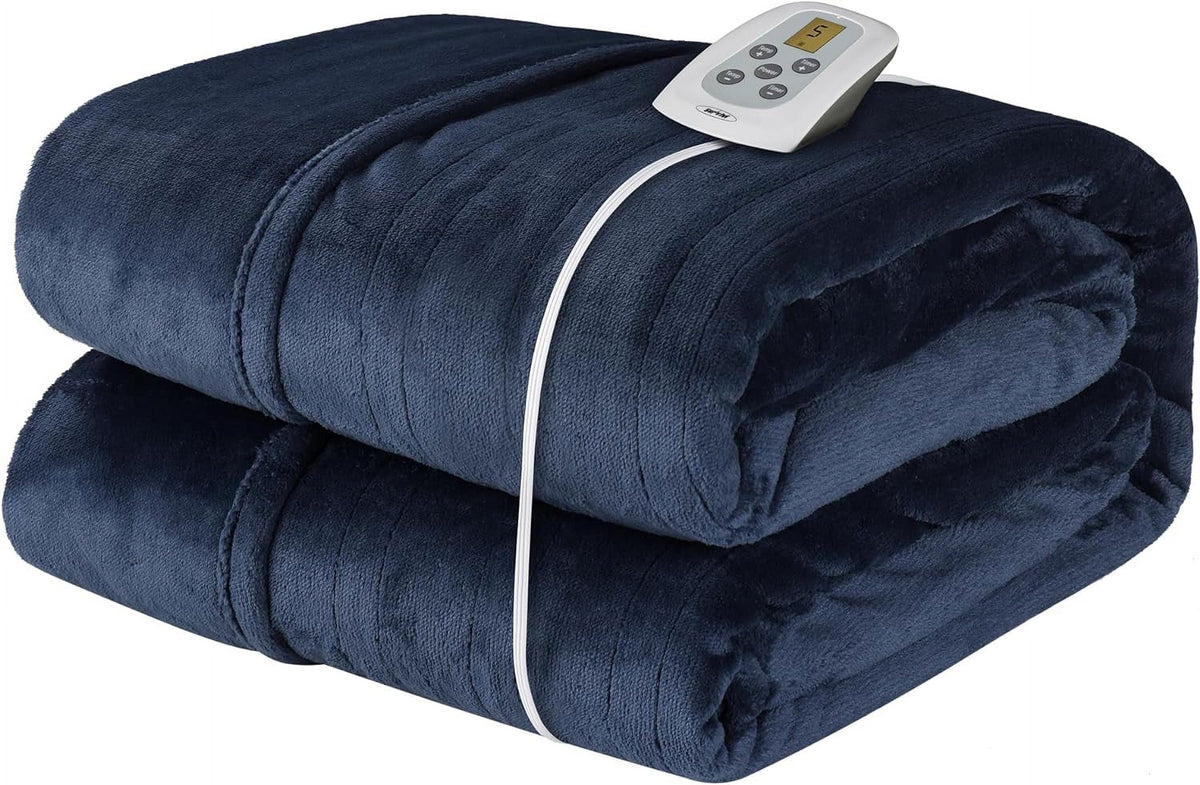 Royalcraft Electric Heated Blanket, 84" x 62" Twin Size Electric Blanket with 10 Heating Levels and 12 Hours Auto-Off, Soft Flannel Blanket with ETL Certification,Blue
