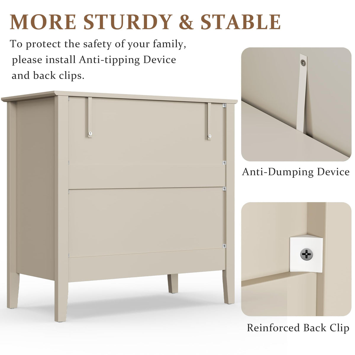 RoyalCraft Fluted 3 Drawer Dresser, Wide Chest of Drawers with Ball Bearing Slide Modern Nightstand Cabinet Wood Dresser with Spacious Storage for Bedroom, Hallway, Living Room, Entryway