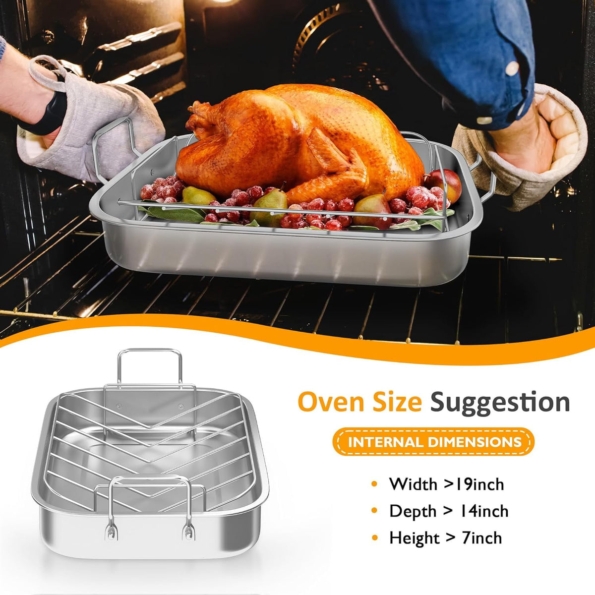 Royalcraft 15.6in  Roasting Pan with V-Shaped Rack, Rectangular Lasagna Pan with Handle, Non-Stick Stainless Steal Roaster for Turkey, Chicken, Vegetable, Silver