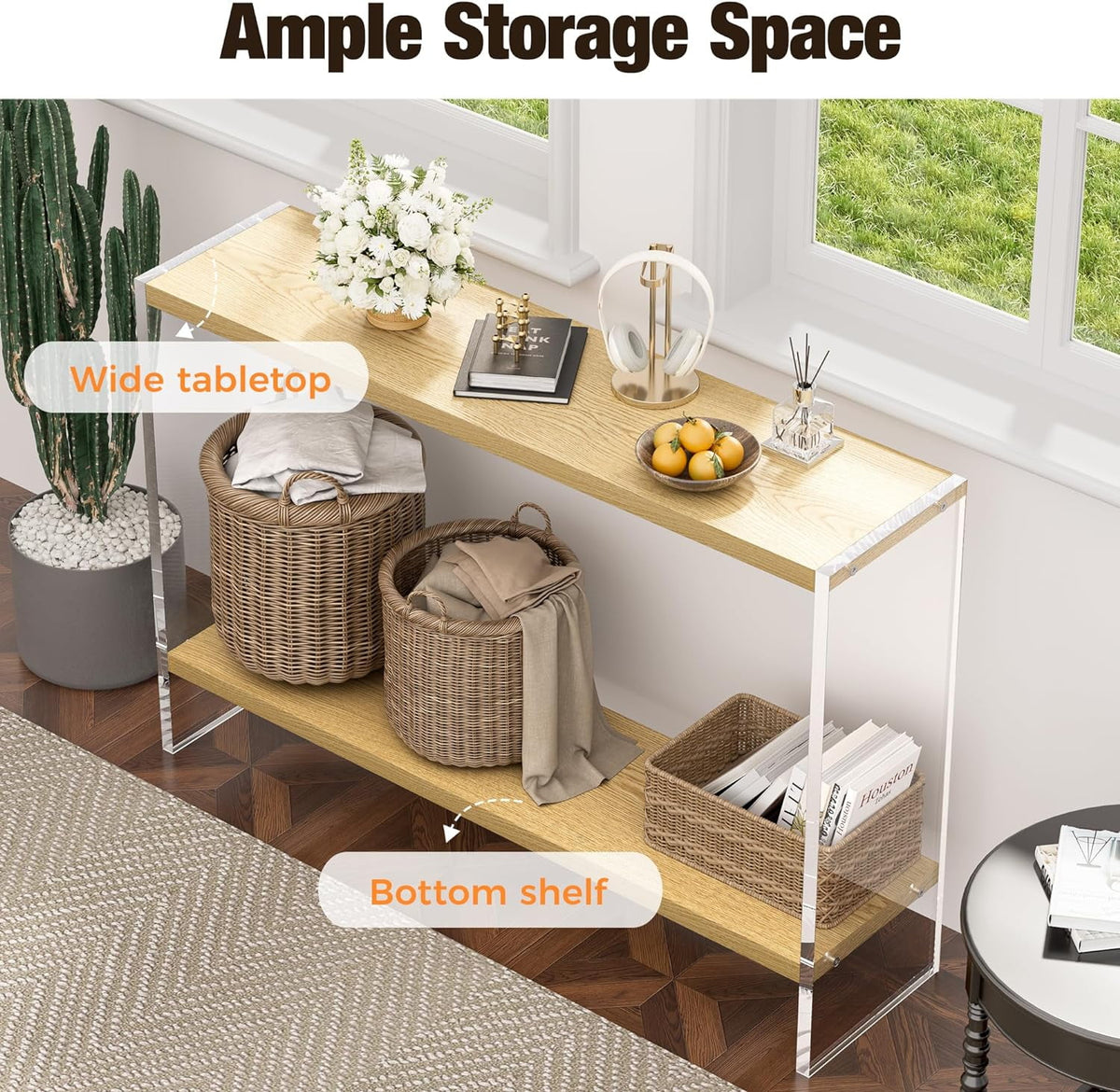 Acrylic Console Table, 47.24" Modern Entryway Table with Storage Shelf, Clear Acrylic Doorway Table, 2-Tier Sofa Table for Living Room, Bedroom, Hallway, and Dining Room (Natural Oak)