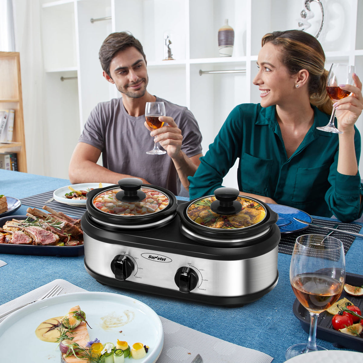 Royalcraft Double Slow Cooker,2 Pot Small Mini Crock Buffet Servers and Warmer,Dual Pot Oval Manual Slow Cooker with Adjustable Temp Removable Ceramic Pot,Stainless Steel, Total 2.5 Quarts Black