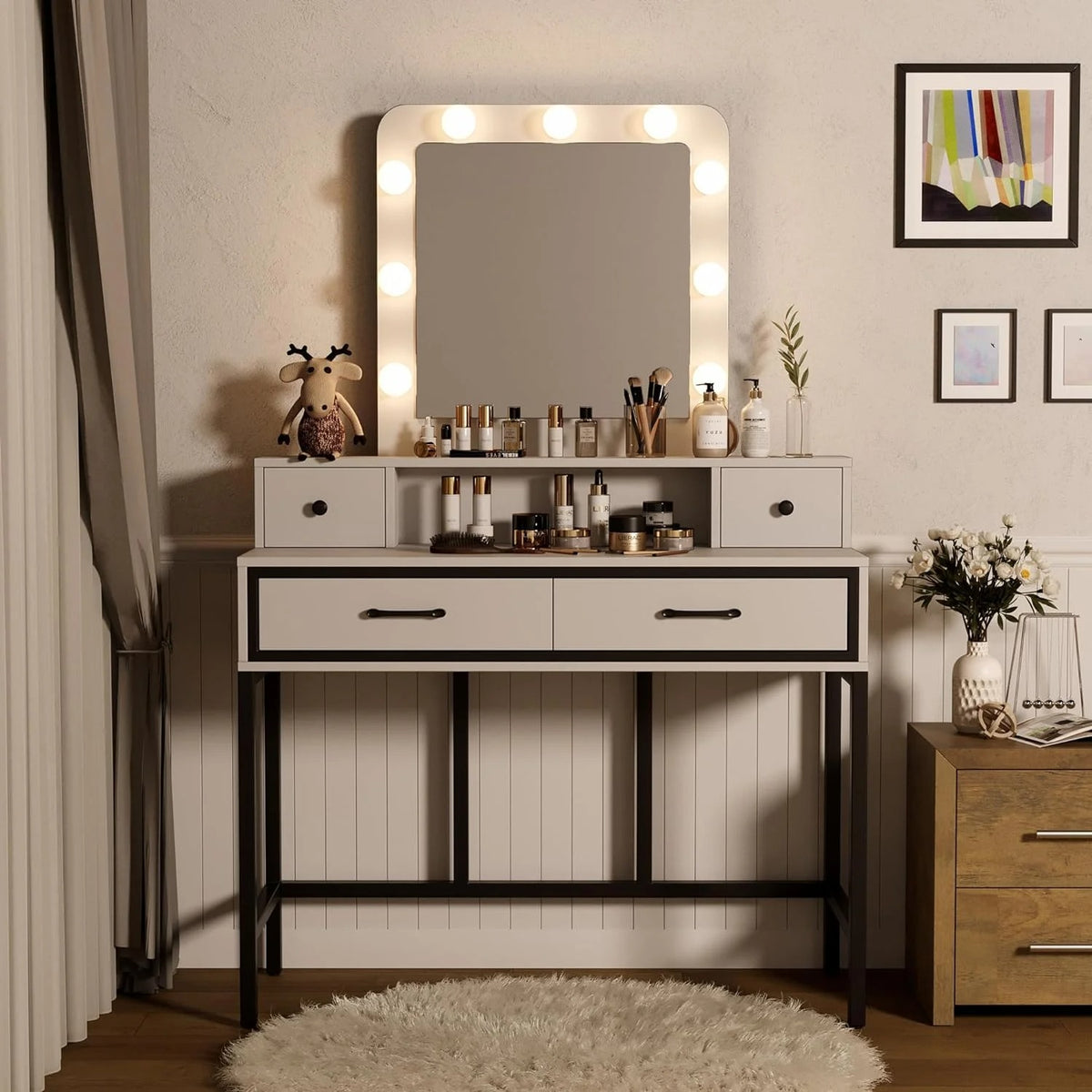 RoyalCraft Makeup Vanity Table with 3 Color Dimmable Lighted Hollywood Mirror, Vanity Desk with 4 Drawers, Dressing Table for Women Girls