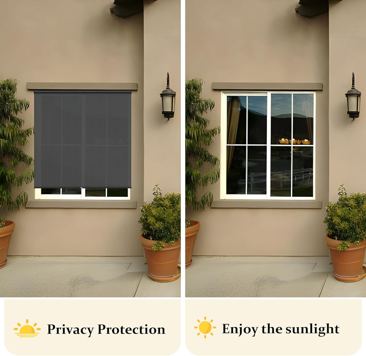 Royalcraft Cordless Outdoor Roller Sun Shade with Pole，6'Wx6'H 420GSM 95% Blockout Waterproof Outdoor Blinds Roll Up for Gazebo Porch, Deck, Pergola,Black