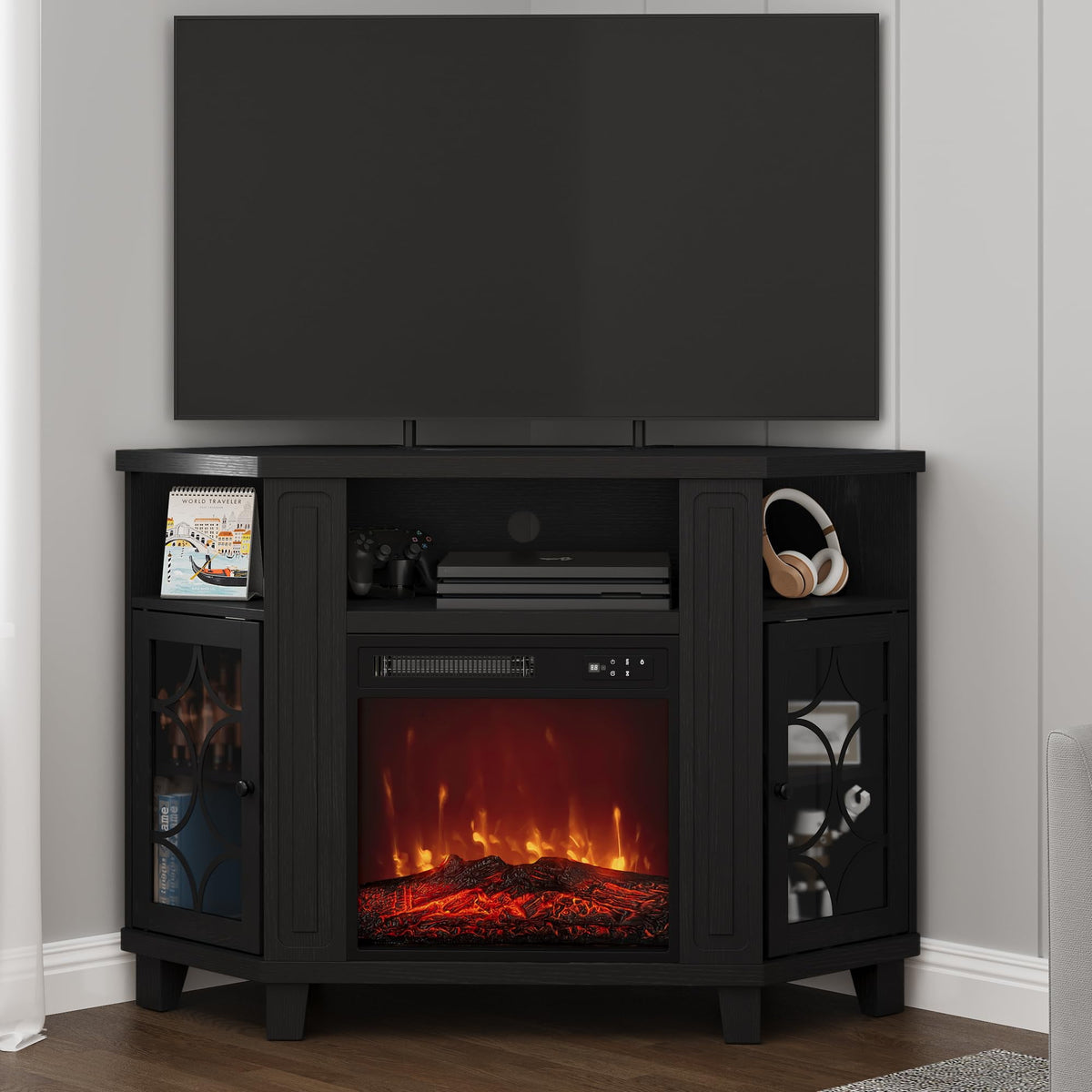 CozyHome Corner TV Stands with 18'' Fireplace, Media Console Table with Adjustable Shelves & Acrylic Doors, Entertainment Center for TVs up to 55'', Corner Cabinet for Living Room, Bedroom, Black