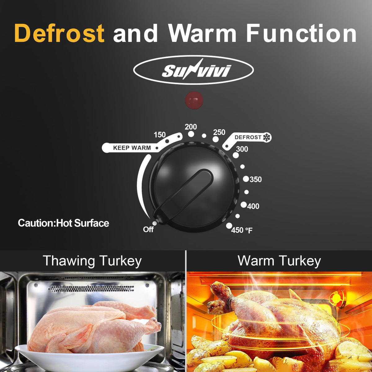 Royalcraft Roaster Oven with Self-Basting Lid, 8qt Electric Roaster with Removable Pan & Rack, Turkey Roaster Oven with Defrost & Warm Function, Stainless Steel, Black