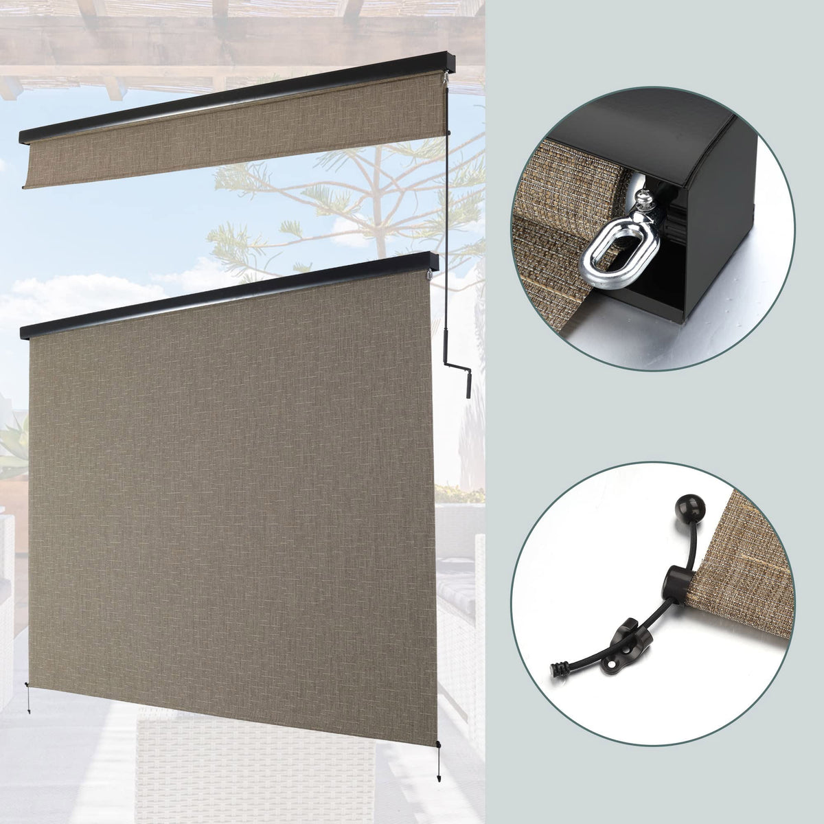 Royalcraft Cordless Outdoor Roller Sun Shade with Pole，8'Wx8'H 420GSM 95% Blockout Waterproof Outdoor Blinds Roll Up for Gazebo Porch, Deck, Pergola,Grey