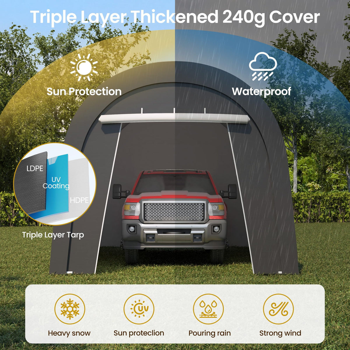 RoyalCraft Domed Carport, Portable Garage with 2 Roll up Doors, Heavy Duty Car Canopy Party Tent, All-Season Storage Shelter Shed Carport for Motorcycle, Boat, Truck, or Garden Tools, 13' x 20'