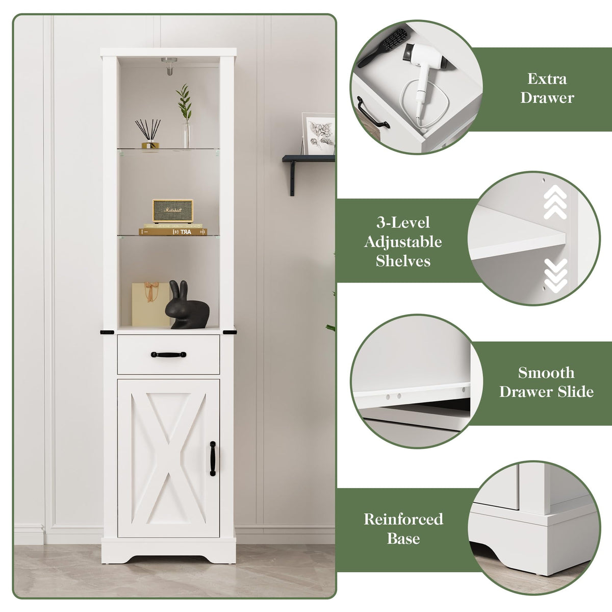 Royalcraft 75'' Tall Storage Cabinet with LED Light, Farmhouse Pantry Cabinet with Tempered Glass Adjustable Shelves & Barn Door, Freestanding Linen Tower for Bathroom, Living Room, Kitchen, White