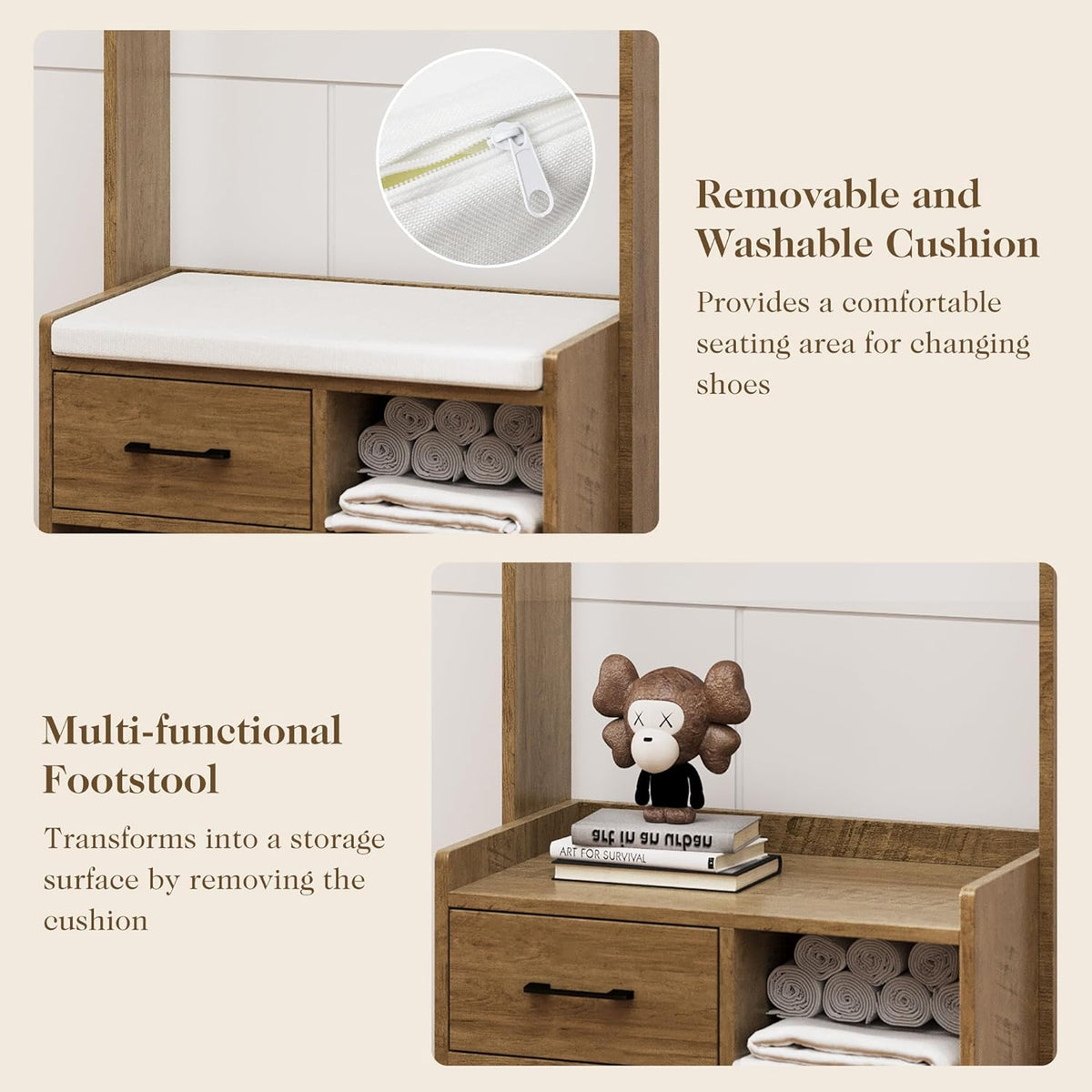 Royalcraft Hall Tree with Bench, Entryway Bench with Coat Rack, Shoe Storage, Soft Cushion, Wood Entryway Furniture