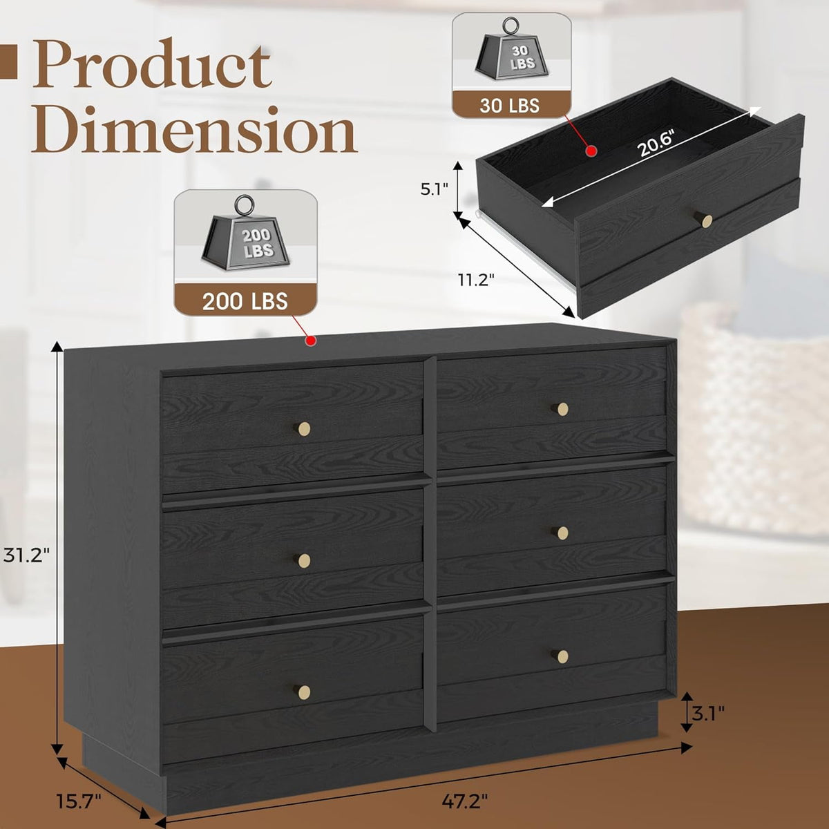 Superjoe 6 Drawer Double Dresser, Bedroom Chest of Drawers, Wood Storage Cabinet for Living Room, Entryway and Hallway, Black