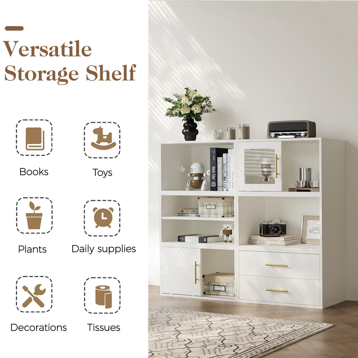 Royalcraft 6 Pieces Cube Storage Organizer, Stackable 24" Small Open Bookcase with Drawers, Adjustable Shelf and Sliding Door, White Wood Cubby Storage Shelves for Small Space, Living Room, Bedroom