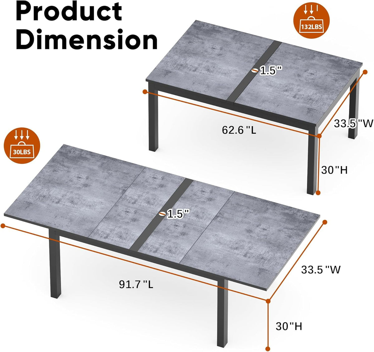 92” Dining Room Table for 4-10 People, Large Extendable Dining Table, Rectangular Aluminum Kitchen Table for Living Room, Office Area, Grey
