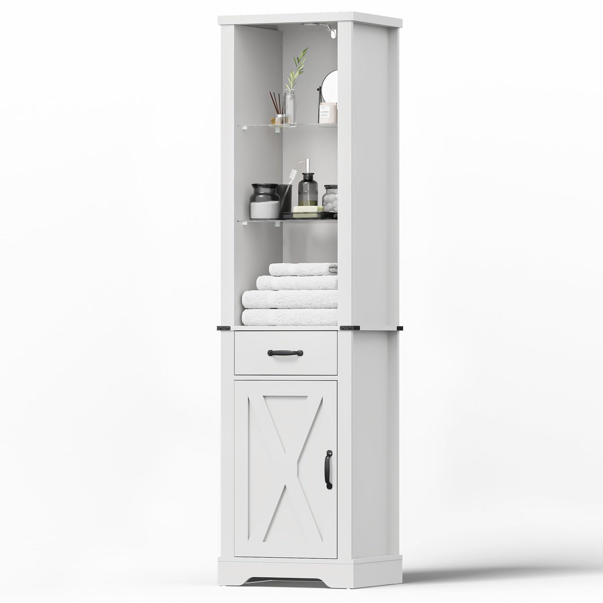 Royalcraft 75'' Tall Storage Cabinet with LED Light, Farmhouse Pantry Cabinet with Tempered Glass Adjustable Shelves & Barn Door, Freestanding Linen Tower for Bathroom, Living Room, Kitchen, White
