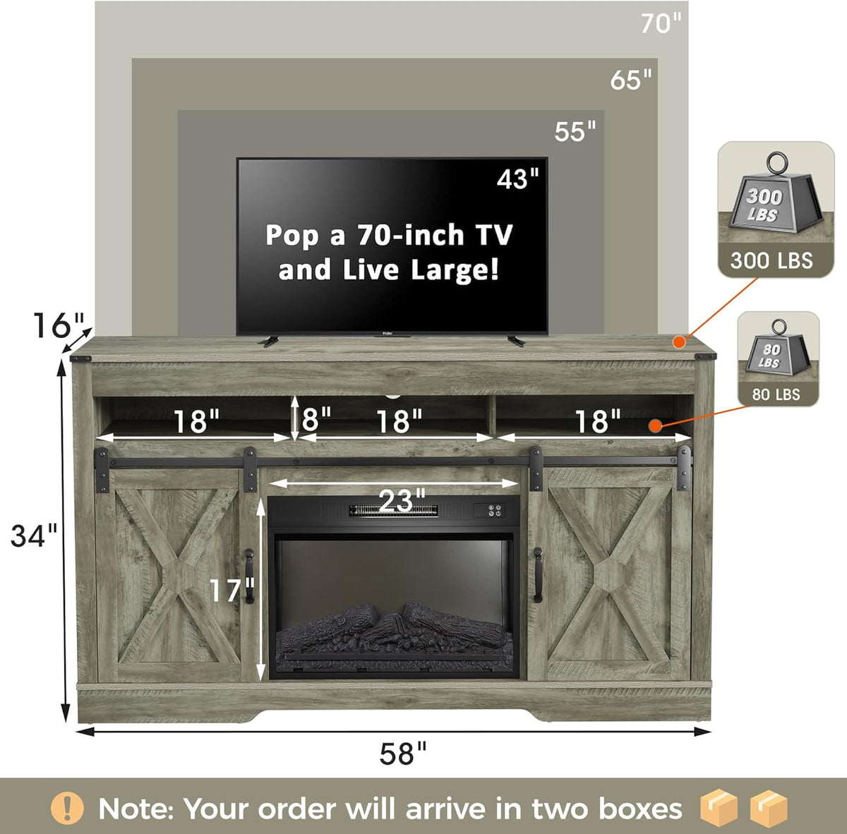 RoyalCraft Fireplace TV Stand for 65+ inch TV, Farmhouse Entertainment Center with 23" Electric Fireplace with Remote, Modern Rustic TV Console with Sliding Bar Door for Living Room, Antique White