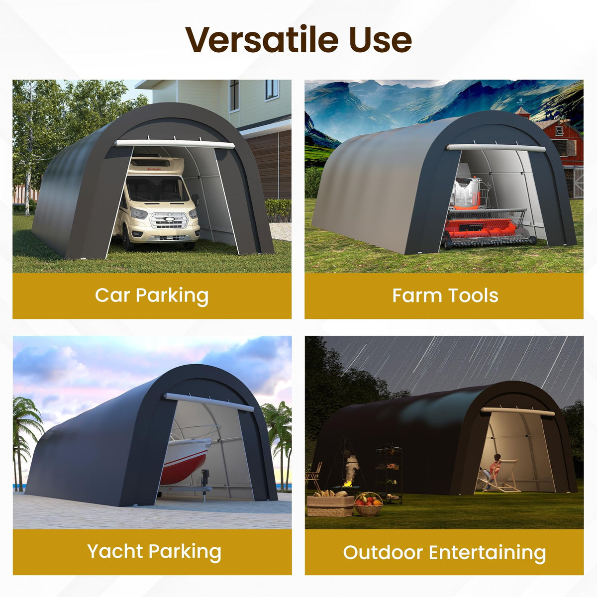 RoyalCraft Domed Carport, Portable Garage with 2 Roll up Doors, Heavy Duty Car Canopy Party Tent, All-Season Storage Shelter Shed Carport for Motorcycle, Boat, Truck, or Garden Tools, 12' x 25'